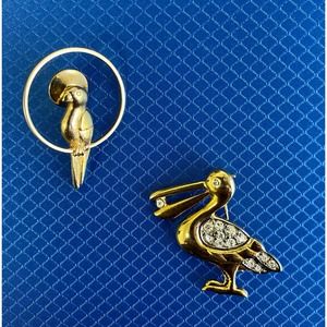 Vtg Parrot Tie Tack/Pin and Pelican Brooch, Gold Tone, EUC